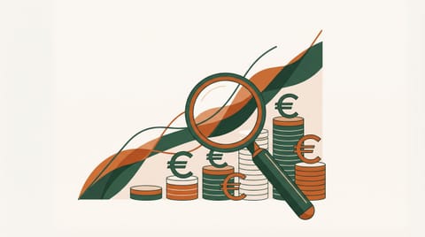 Illustration of a rising growth curve with a magnifying glass and stacks of euro coins