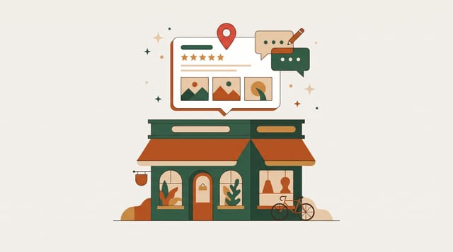 Illustration of a shopfront with a floating Google profile, star rating and AI symbols