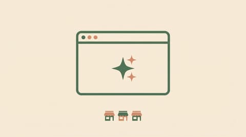 Illustration: smartphone with an AI search interface on a desk, surrounded by icons of local businesses