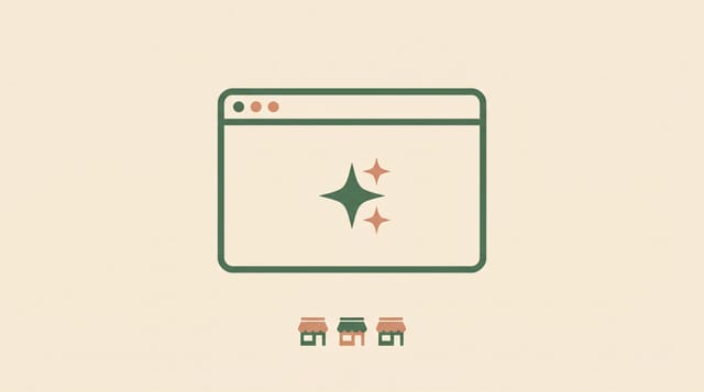 Illustration: smartphone with an AI search interface on a desk, surrounded by icons of local businesses
