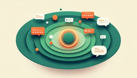 Illustration: a glowing brand mark at the centre of concentric green ripples, echoing outward into floating AI chat bubbles, review stars and search snippets, in forest green and terracotta