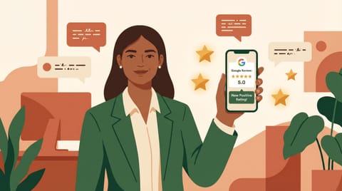 Illustration: business owner responding calmly and professionally to a Google review on a smartphone